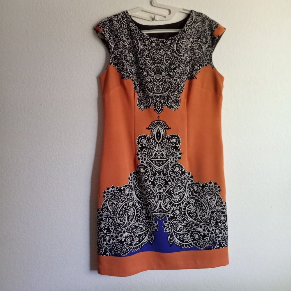 Colorful ILE New York Burnt Orange Printed Sleeveless Shift Dress Sz12 Knee High